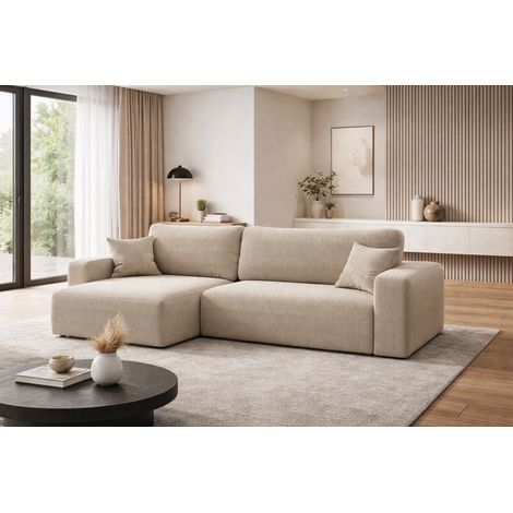 Canapé d’angle réversible PIANIOO XL convertible – Velours côtelé beige, grand coffre de rangement, fonction couchage, angle universel gauche/droite (1/5)
