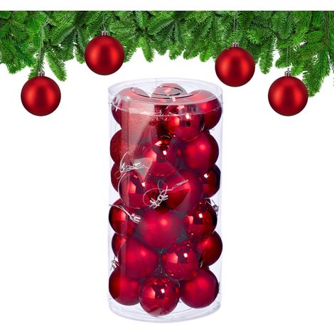 Relaxdays Palline di Natale, Set da 30 Palle Albero, Addobbi Natalizi, Sfere D: 6 cm, in Plastica Infrangibile, Rosso (1/5)