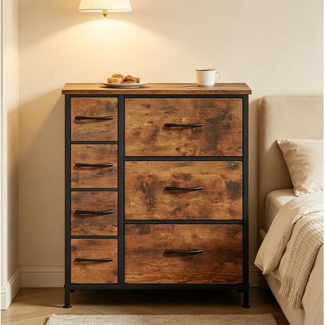 Cómoda vintage (63.5x30x73 cm), 7 cajones de tela, estructura estable, madera de ingeniería, marrón rústico y negro (1/5)
