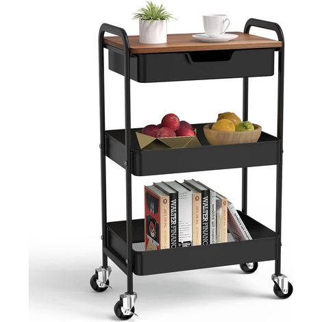 Chariot de Cuisine à 3 Niveaux avec Table et tiroir, utilité en métal, Chariot d'étagère, pour Salon, cosmétique Polyvalent, Chariot de Service pour Cuisine, Salle de Bain, Bureau (Noir) (1/5)