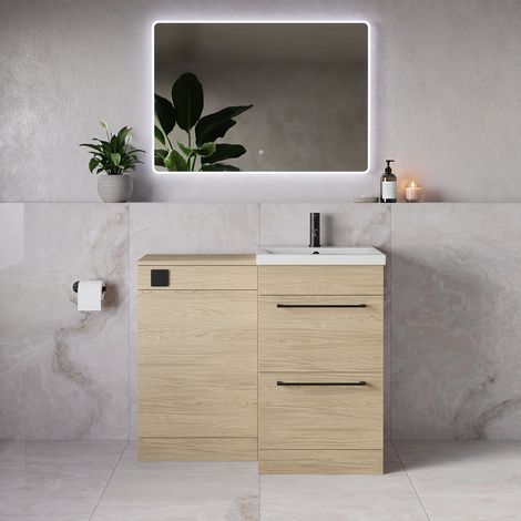 Napoli 390 Light Oak 1000mm 2 Drawer Vanity Unit Toilet Suite with Glide Basin - 1000mm - Matt Black 320mm HandleWithout Kingston Toilet Pan