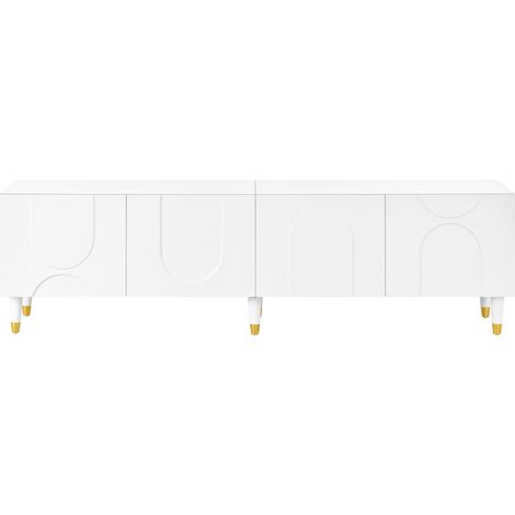 Meuble TV blanc avec quatre portes à relief asymétrique en arc, espace de rangement multiple, pieds en bois massif (1/5)