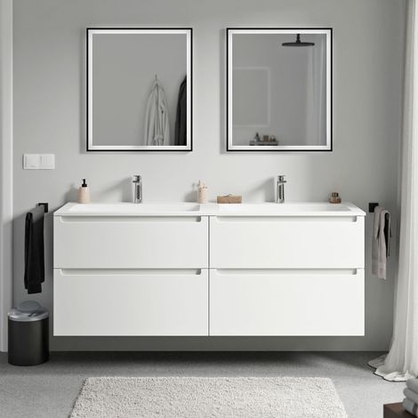 BERNSTEIN - Mueble lavabo doble suspendido MDF blanco mate, lavabos + orificios grifería fundición blanca mate, caj. giratorios 160x46x62cm VIREO blanco mate, Blanco mate con orificio para grifo.