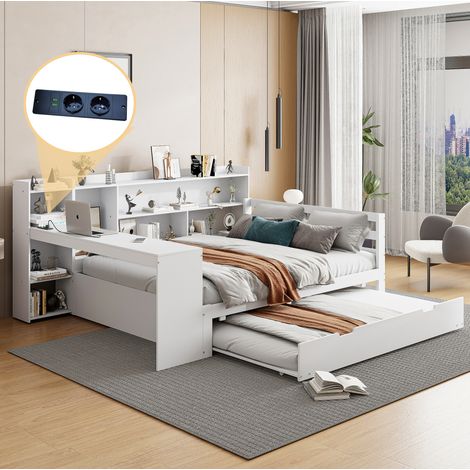 Bett Multifunktion aus Massivholz Weiß 140x200 cm mit Ausziehbett, Schreibtisch, Regalen, Ablagefächern und USB-Steckdose (1/5)