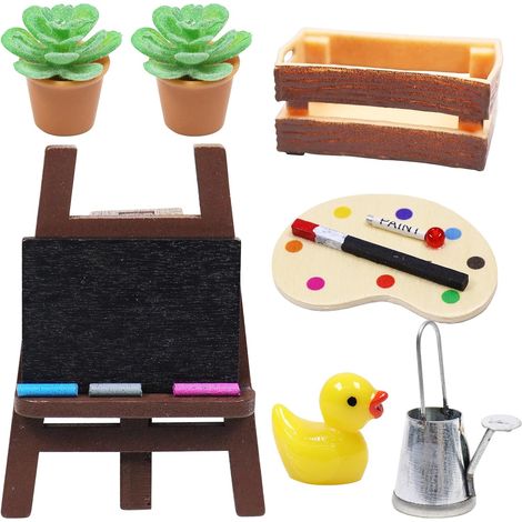 Lot de 7 accessoires de lutin miniatures pour décoration de porte de lutin de Noël et maison de poupée 1/12, outils de jardin miniatures, accessoires de lutin DIY, chevalet, plante en pot (1/5)