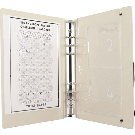 Classeur de budget réutilisable A5 avec 100 enveloppes transparentes pour relever le défi des économies (25 feuilles), couleur violette. Idéal pour gérer son budget et gérer ses finances. (1/5)