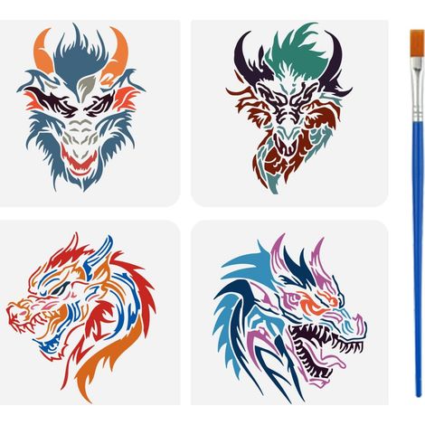 4 Pièces Pochoirs de Tête de Dragon avec un Pinceau 15x15cm Pochoirs de Peinture Pochoir Motif Visage de Dragons PET Thèmes Animaux pour Bois Sol Carrelage Mur Tissu Meuble DIY (1/5)