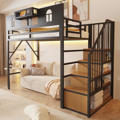 Lit mezzanine 90/200 cm noir en métal avec échelle de rangement, étagère et éclairage LED (1/5)