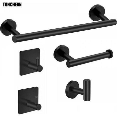 Towel Rail Set, 5 Pieces, Bathroom Towel Bar, Towel Ring Hook, Stainless Steel Wall-Mounted Towel Holder for Bathroom, Black, Towel rings and rails (1/5)