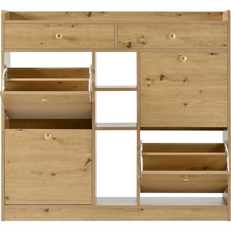 Meuble à chaussures avec 4 Portes Abattantes, 2 Tiroirs et 3 Niches, Style Minimaliste, en Panneaux de Particules, 110×26×100 cm, Naturel