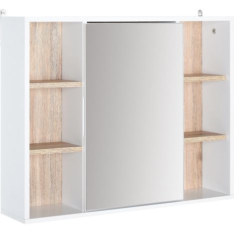 Armoire murale, meuble salle de bain avec miroir, miroir salle de bain avec rangement, placard à portes et 6 compartiments ouverts, 60 x 14,5 x 49,4 cm, blanc (1/5)
