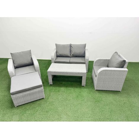 Fimous Light Grey PE Wicker Rattan Garden Furniture Set Sofa Set Reclining Adjustable Chair Oblong Coffee Table 5 Seater With Footstool (1/4)