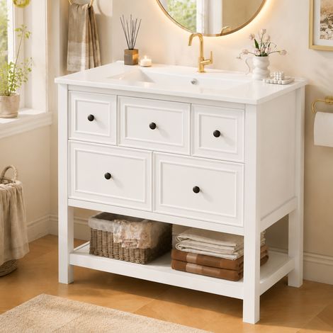 Meuble vasque sur pied blanc laqué 76x46,5x82 cm, céramique intégrée, 5 tiroirs silencieux + niches ouvertes, rangement salle de bain moderne. (1/5)