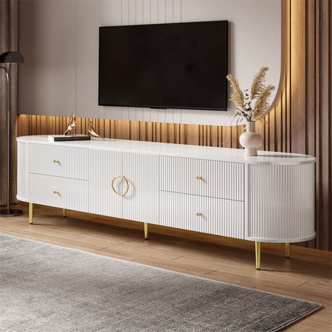 Meuble TV Design de Luxe - 180x40x53cm - Lowboard Moderne en MDF avec Portes Ondulées et Pieds en Métal pour Salon - Blanc (1/5)