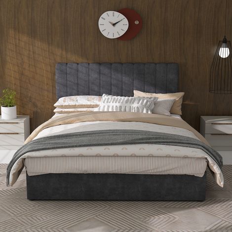 Lit minimaliste rembourré 140 x 200cm gris, tête de, socle haut avec levage à gaz, rangement intégré, mobilier chambre sans matelas (1/5)