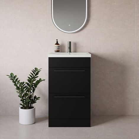 Napoli 390 Matt Black 500mm 2 Drawer Vanity Unit with Glide Basin - 500mm - Gunmetal Grey 320mm Handle