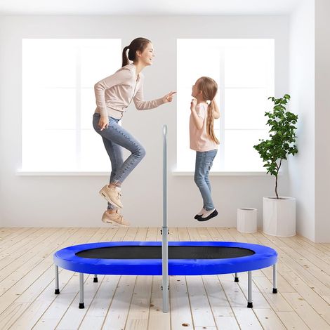 COSTWAY 2 Personen Trampolin mit hoehenverstellbarm Haltegriff, Mini Trampolin bis 150kg belastbar, Kindertrampolin klappbar, Gartentrampolin für Kinder und Erwachsene blau