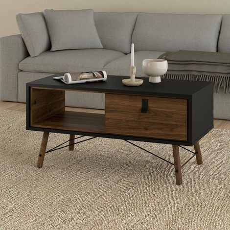 Dmora - Wohnzimmertisch Maximilien, Niedriger Wohnzimmertisch, Kaffeeregal, Couchtisch für Sofa, 102x48 h50 cm, Schwarz und Walnuss (1/5)