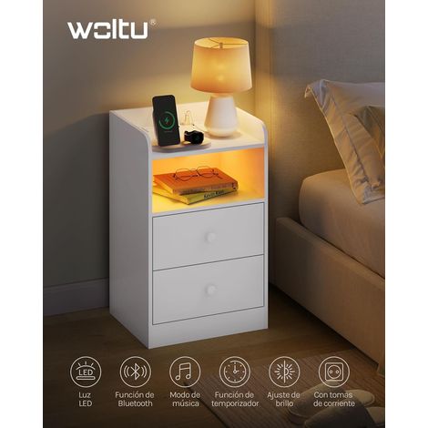 WOLTU 1x Mesita de Noche Moderna para Dormitorio, con Enchufes, Puertos USB y Luces LED, Mesa de Centro con 1 Tablero, 1 Compartimento y 2 Cajones Blanco