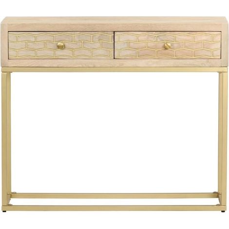 Table à Manger en Bois de Manguier Massif, Pieds Dorés Style Moderne, 90x30x75 cm, Console Étroite pour Entrée ou Petit Espace (1/5)