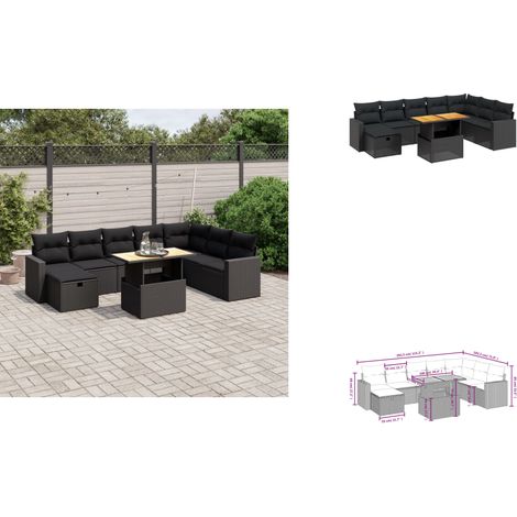 The Living Store Salon de jardin 9 pcs avec coussins noir résine tressée - Meubles d'extérieur (1/3)