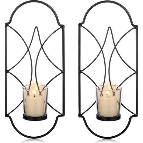 Lot de 2 Bougeoirs Photophore Porte Bougie Mural Murale Muraux en Métal, Bougeoir pour Mur Chambre Salle de Bains Salon Decoration, Noir-Fei Yu (1/5)