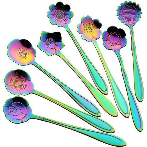 Ensemble de 8 cuillères à fleurs, cuillères à thé réutilisables en acier inoxydable 410, cuillères à mélanger, cuillères à café, vaisselle pour le thé (Longueur : 12,5 cm, arc-en-ciel) (1/5)