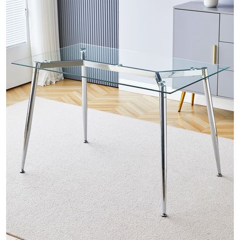 Hallowood Furniture Cullompton Glass Dining Table with Sturdy Chrome Metal Legs, 4-6 Seater Rectangular Table for Dining Rooms, Kitchens, or Cafés, Glass Desk for Office (120x70cm) (1/5)