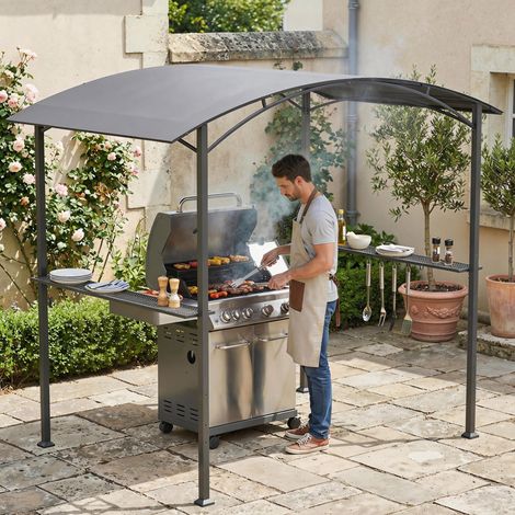 Grillpavillon, 2,4 x 1,5 m, Pergola-Gartenpavillon mit 2 Seitenablagen und Haken, Dunkelgrau (1/5)