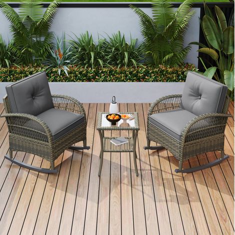 Salon de jardin 3 pièces 86x76x80 cm en rotin gris avec table en verre, pour balcon – MEUBLIV (1/5)