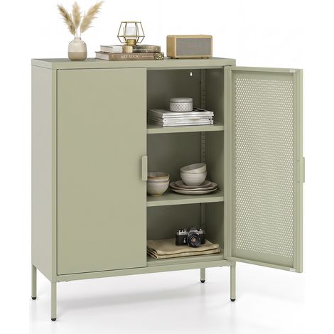 Buffet à 2 Étagères Ajustables 80x35x102 cm, Armoire Métallique avec Porte Magnétique Perforée et Kit Anti-Basculement pour Bureau, Cuisine, Vert (1/5)