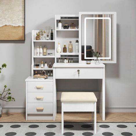 Coiffeuse élégante avec miroir lumineux et tabouret rembourré confortable  comprend un miroir éclairé, 3 nuances d'éclairage réglables et 4 tiroirs  blanc  dimensions : L 85 x H 130 x P 36 cm (1/4)