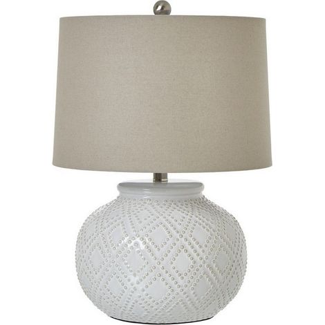 Squat Beaded Lamp with Linen Shade - Ceramic - L38 x W38 x H56 cm - White