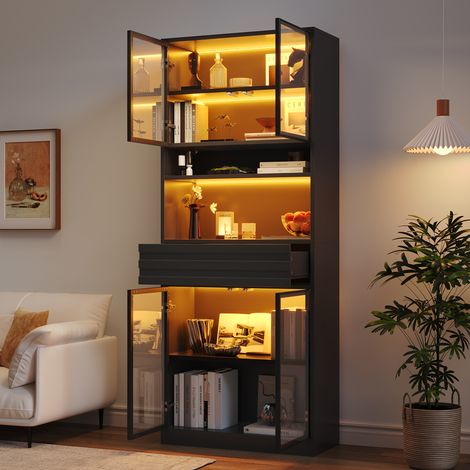 Vitrine 80 x 35 x 200 cm en MDF, bibliothèque avec 4 portes vitrées, 1 tiroir, éclairage LED RGB contrôlable par application, meuble haut, cave à vin, vitrine pour salon, noir (1/5)
