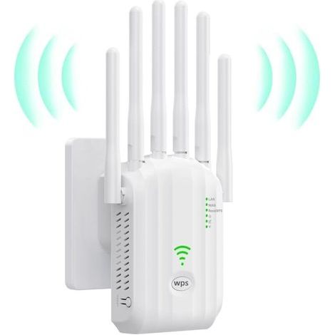 Répéteur WiFi Puissant, amplificateur WiFi de dernière Technologie avec 6 antennes Couvrant Une superficie de10 000 m²,2 Ports LAN,répéteur WiFi pour la Maison et Le Bureau(Blanc) (1/5)