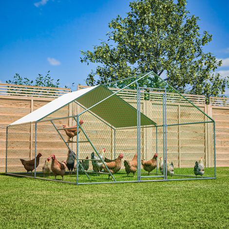 Poulailler extérieur 3 x 4 x 2 m en métal galvanisé avec toit PE, perchoir à 3 niveaux, serrure et grillage sécurisé, espace de 12 m² pour poules, canards et dindes – CHICFURN (1/5)
