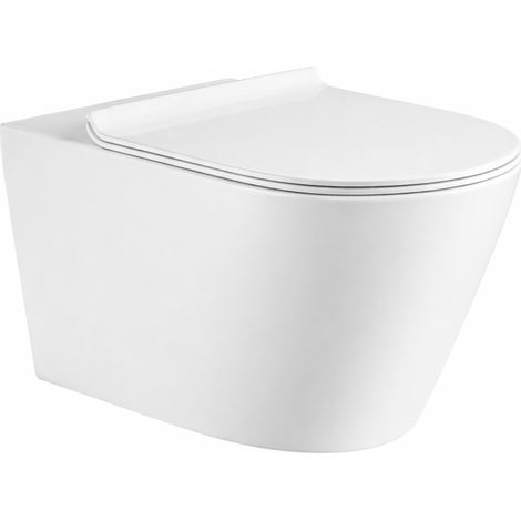 Cuvette de toilette suspendue brillante 49 cm sans bride avec abattant blanc