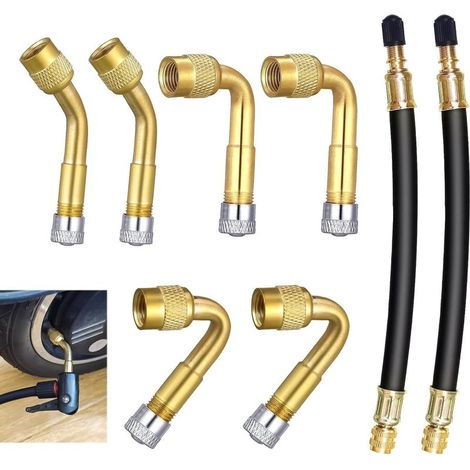 8 Pièces Rallonge Valve Pneu, 6 Adaptateurs Coudés 45° 90° 135°, 2 Tubes Flexibles 180 mm Laiton Caoutchouc, Pour Voiture Moto Vélo Camion (1/5)