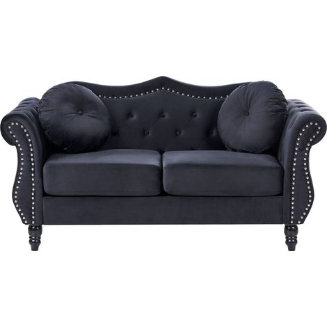 Sofa Black Velvet 2 Seater Nailhead Trim Button Tufted Throw Pillows Rolled Arms Glam SKIEN (1/5)