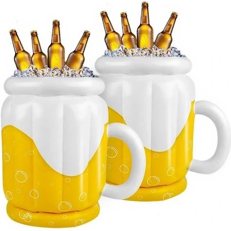 Lot de 2 glacières gonflables en PVC pour chopes à bière, idéales pour les fêtes à la piscine, la plage et les barbecues, jaune et blanc. (1/4)