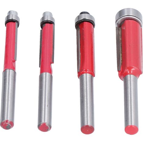 Lot de 4 fraises à affleurer, queue de 6,35 mm (1/4 po), roulement supérieur, diamètres de coupe : 6,35 mm (1/4 po), 7,94 mm (5/16 po), 9,52 mm (3/8 po) et 12,7 mm (1/2 po). (1/5)