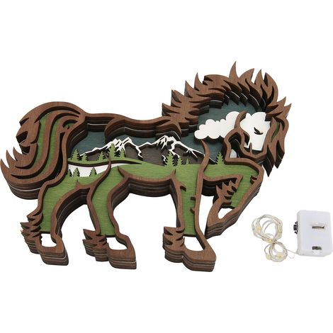 Ornements de chevaux en bois 3D, bords lisses, détails exquis, sculptures en bois avec guirlande lumineuse, idéal pour offrir ou décorer votre intérieur. (1/5)