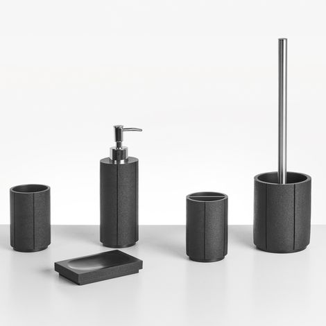 Conjunto de 5 accesorios de baño jabonera dispensador de jabón escobilla de inodoro vaso soporte para cepillos de dientes negro Huallanga