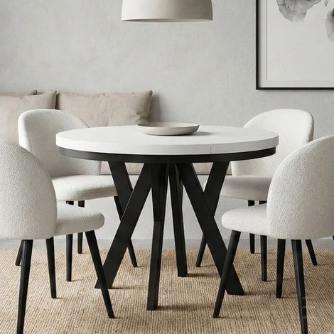 Table de salle à manger ronde extensible PERO avec cerclage métallique, style loft, scandinave, diamètre : 110 / 160 cm, couleur : blanc / noir (1/5)