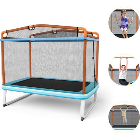 Trampolino per bambini con rete di protezione altalena barra orizzontale, Trampolino da esterno 190x124x222cm Arancione (1/4)