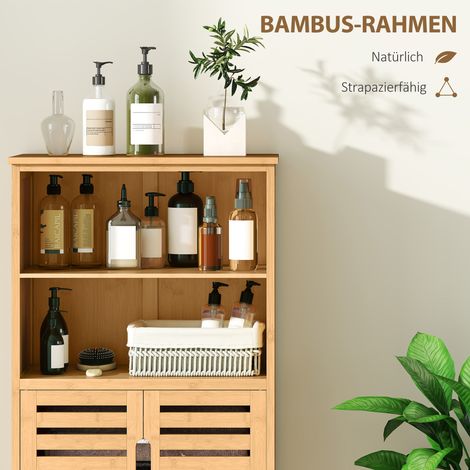 Meuble de salle de bain en bambou naturel, portes à lattes, 2 étagères, 1 armoire, 50 x 29 x 92 cm (1/5)