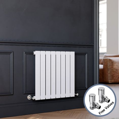 ELEGANT Designer Horizontal Flat Panel Radiator + Angled Radiator Valves 600 x 600 mm White Bathroom Central Heating (1/5)