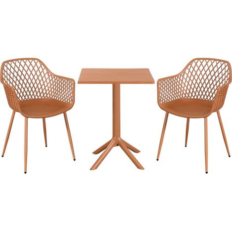 3 Piece Bistro Garden Set with 2 Lattice Armchairs and Square Table - Plastic/Metal - L42.5 X W56.5 X H84.5 cm - Terracotta - Flat Packed