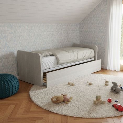 Letto singolo con letto estraibile, trasformabile in matrimoniale. Testate personalizzabili, reti in acciaio e doghe in faggio - Rovere rock