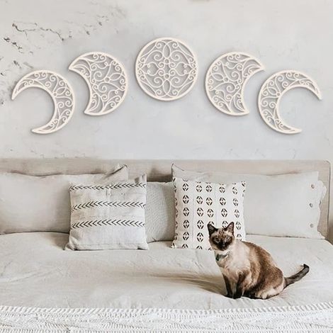 Blanc -Autocollants muraux de phase de lune 3D de 5 pièces, décoration murale de cycle de lune en bois, pour la chambre du salon (1/4)